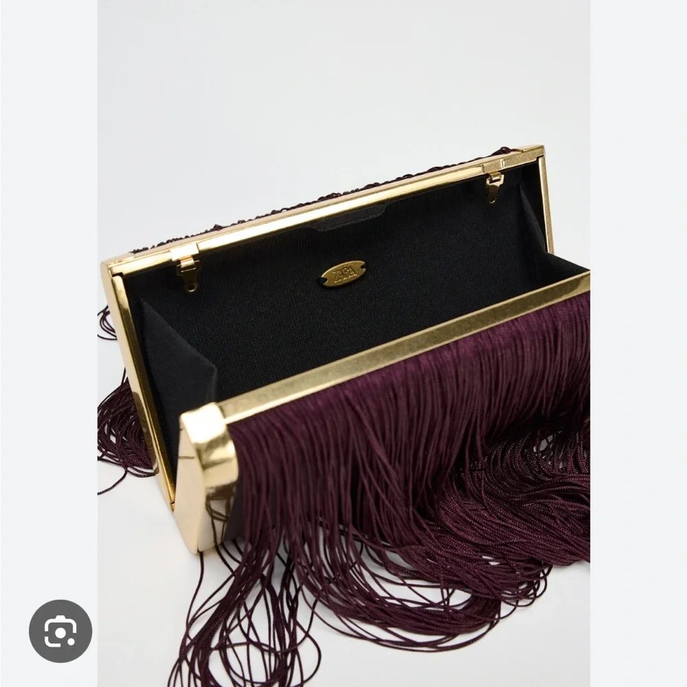 Zara NWT fringe clutch gold burgundy bag 6635/410 - Picture 7 of 8